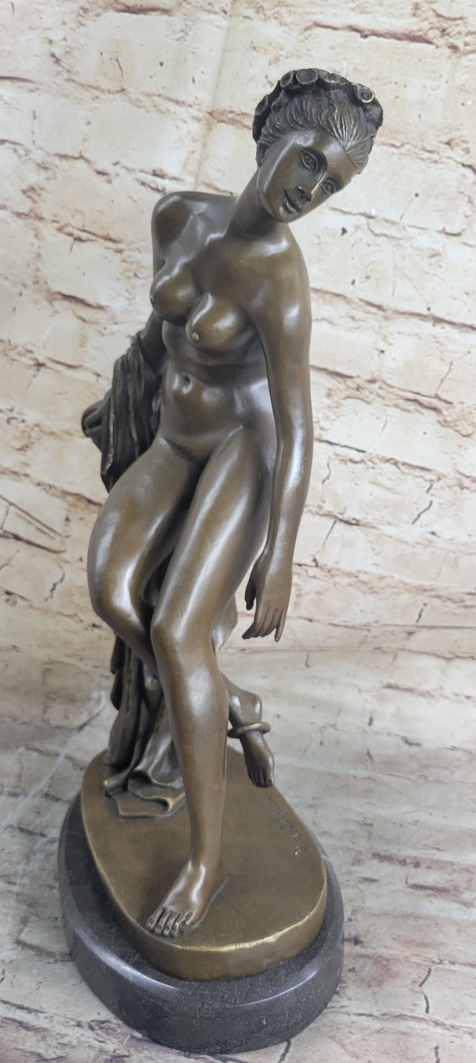 Nude Woman Female Figure Leaning Bronze Statue Sculpture Figure Marble Base 18" x 9"