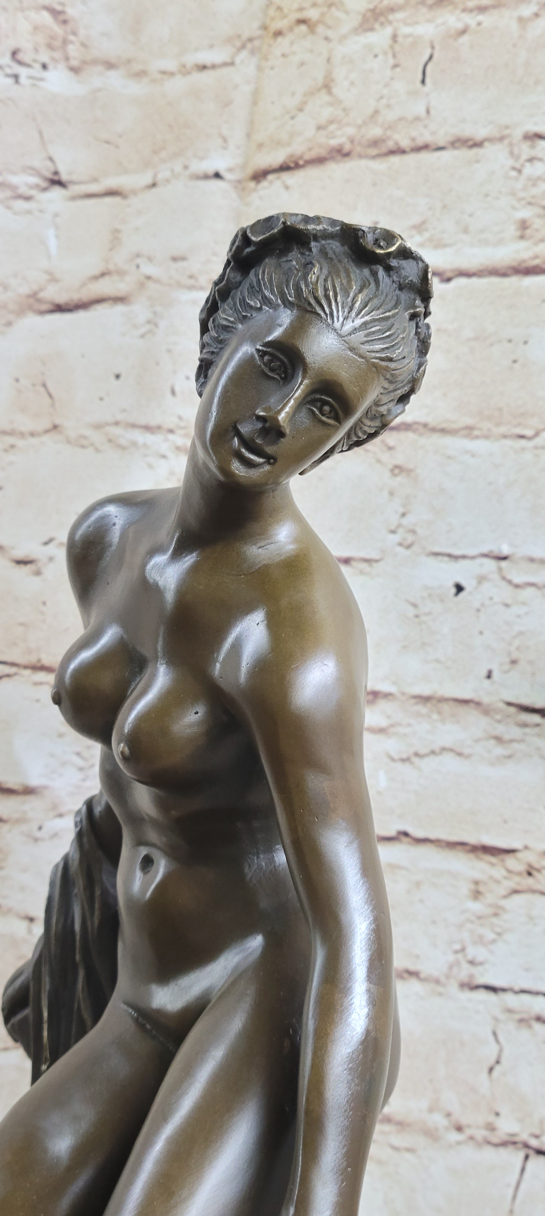 Nude Woman Female Figure Leaning Bronze Statue Sculpture Figure Marble Base 18" x 9"