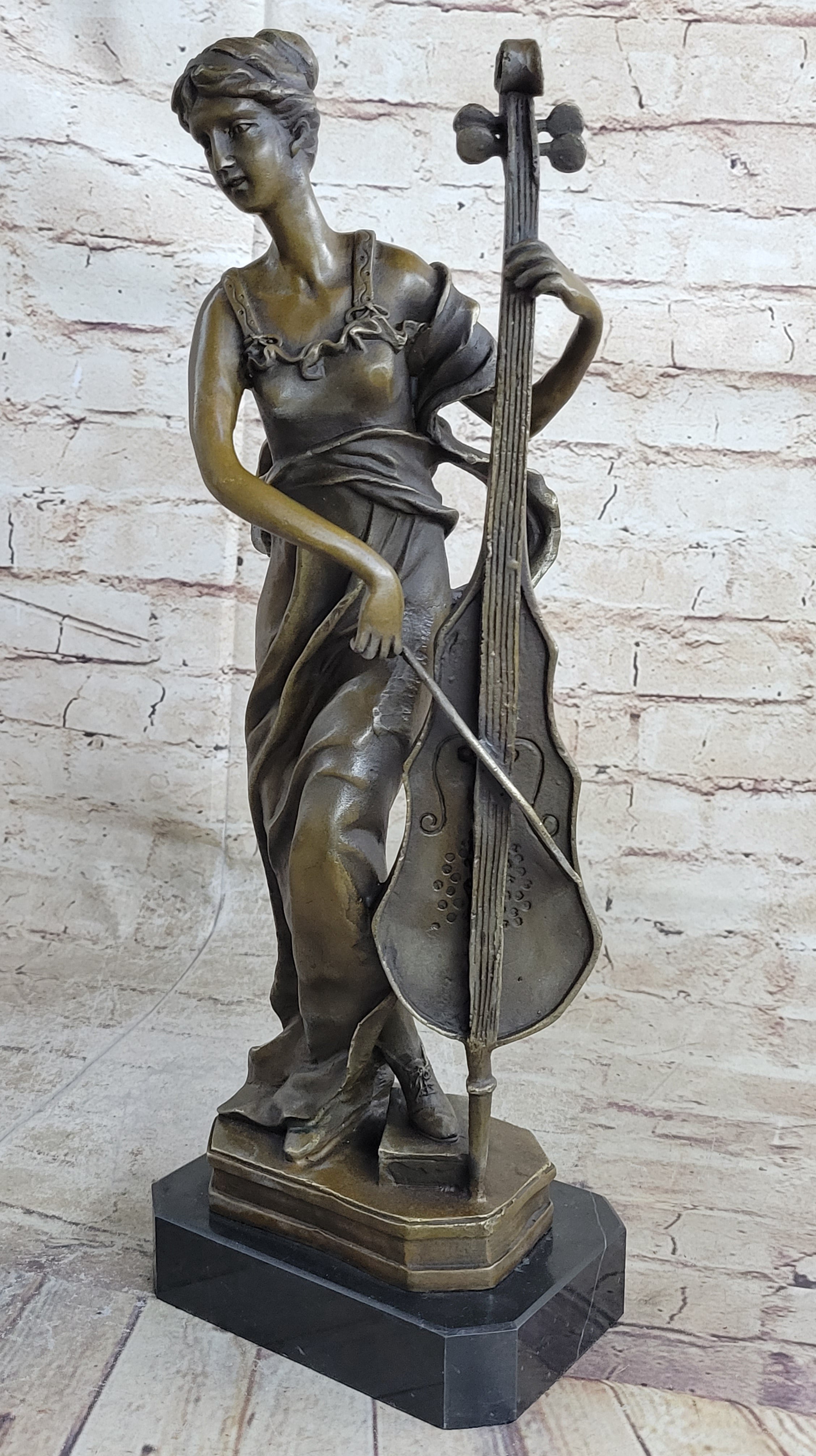 Signed Victorian Lady Playing Cello Bronze Marble Sculpture