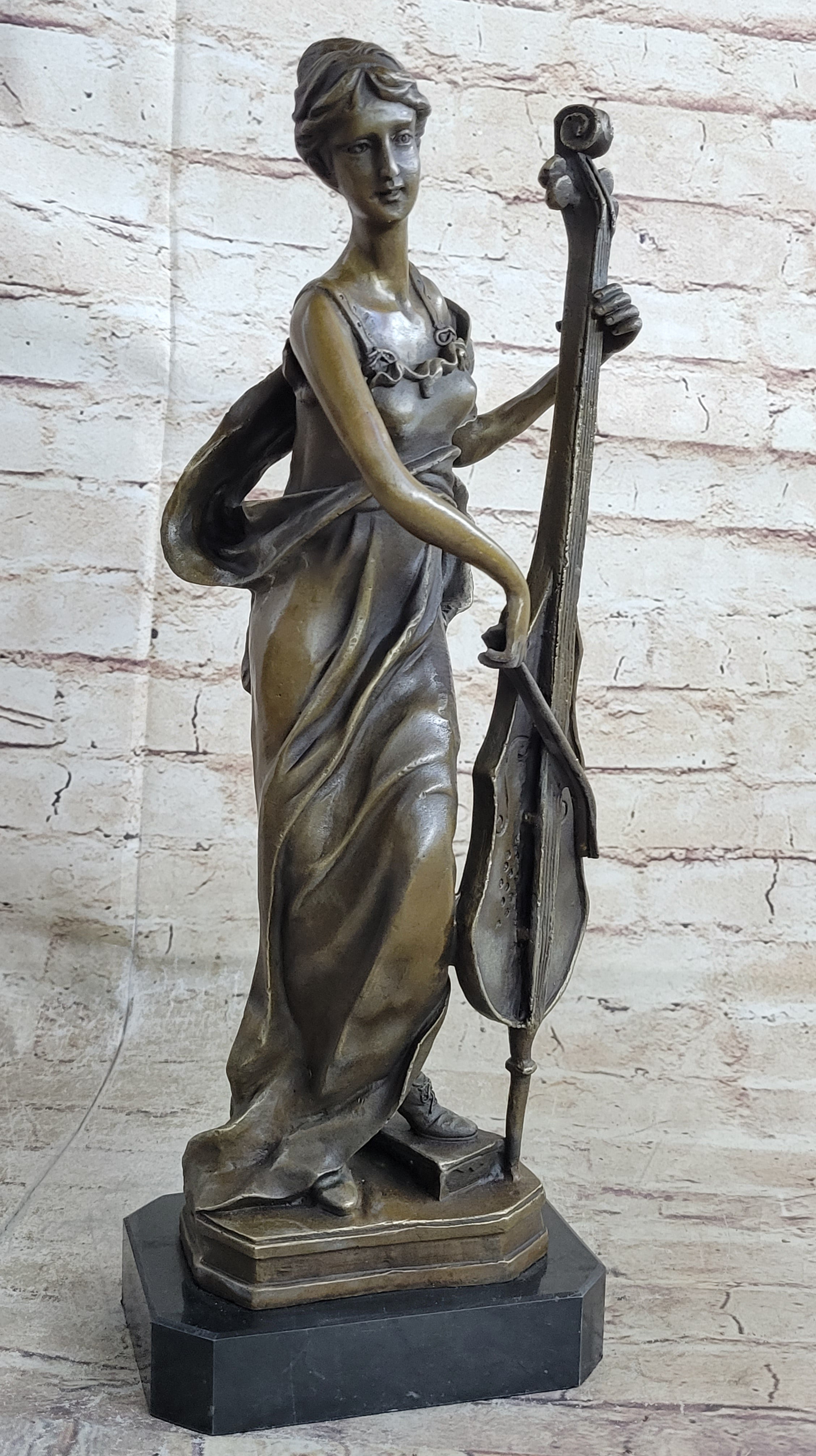 Signed Victorian Lady Playing Cello Bronze Marble Sculpture
