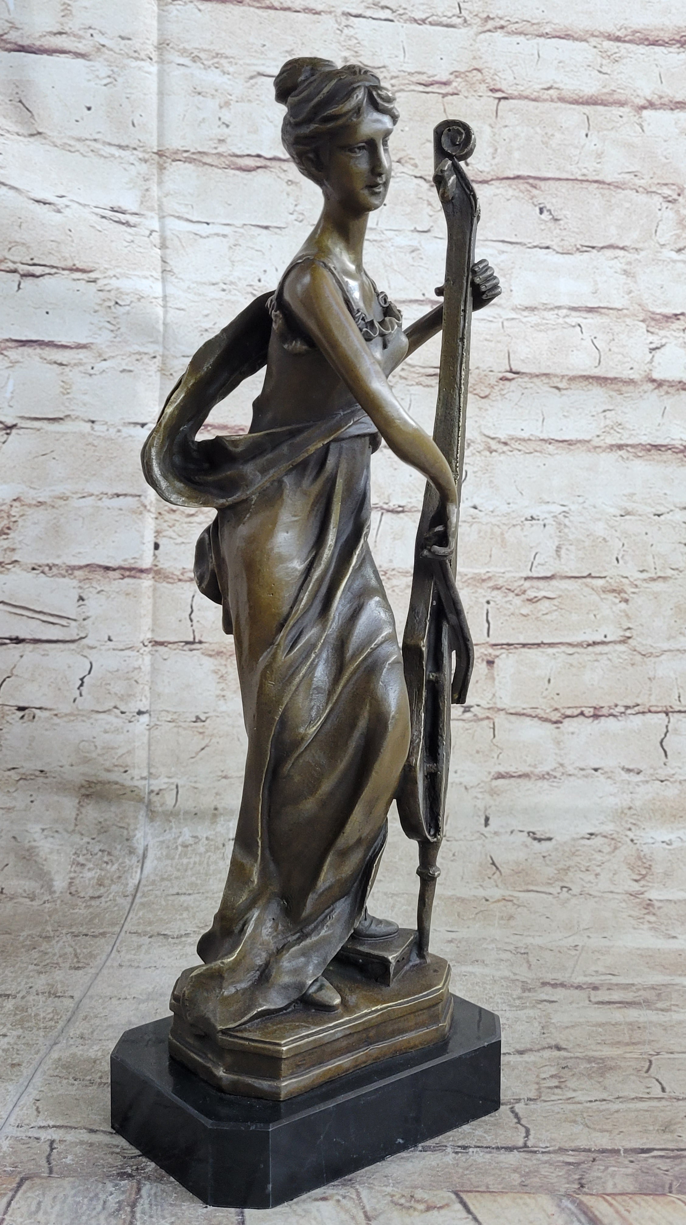 Signed Victorian Lady Playing Cello Bronze Marble Sculpture