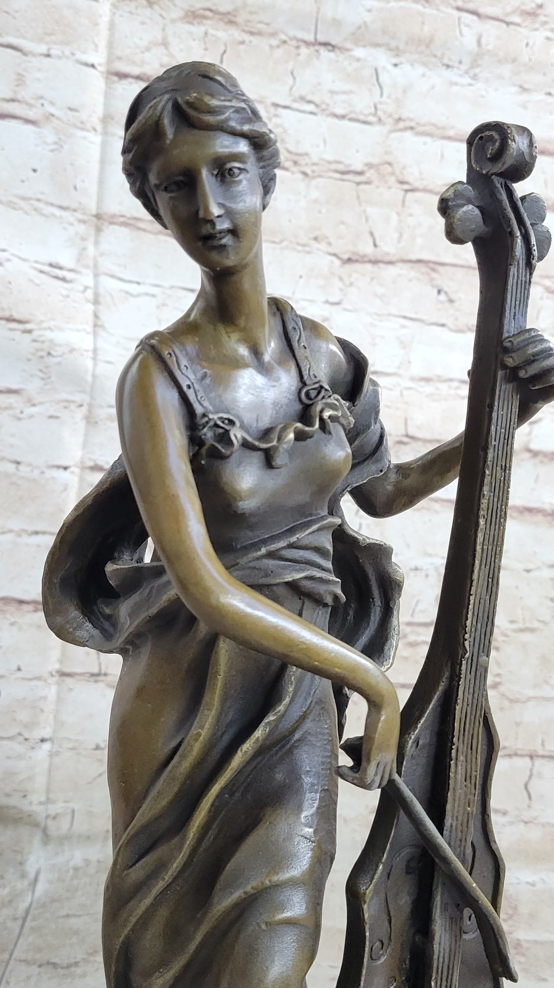 Signed Victorian Lady Playing Cello Bronze Marble Sculpture