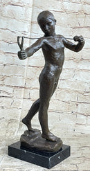 Nude Boy Holding Slingshot Hot Cast Bronze Sculpture Statue Figure on Marble Base