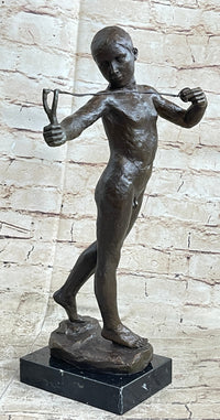 Nude Boy Holding Slingshot Hot Cast Bronze Sculpture Statue Figure on Marble Base
