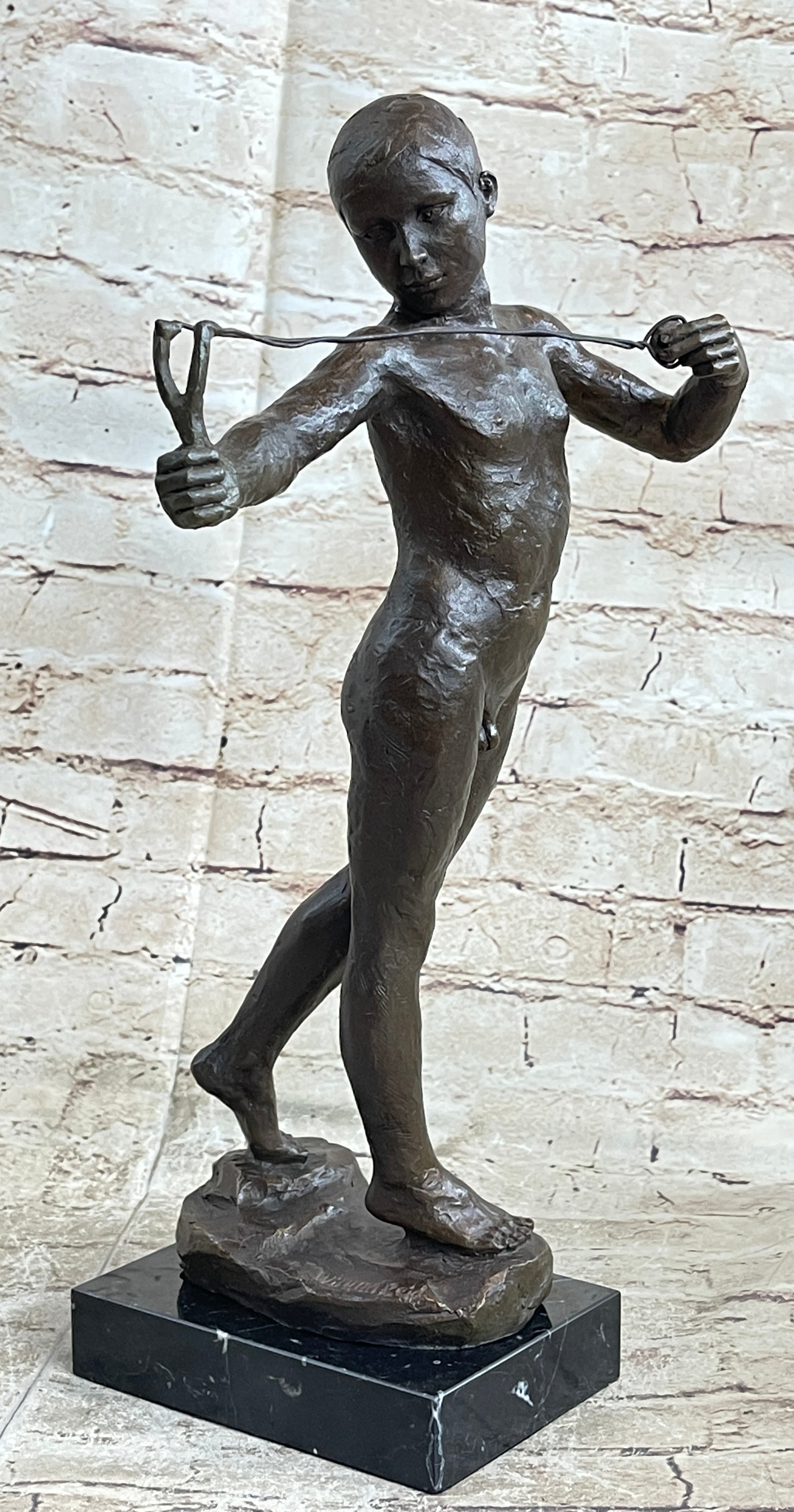 Nude Boy Holding Slingshot Hot Cast Bronze Sculpture Statue Figure on Marble Base