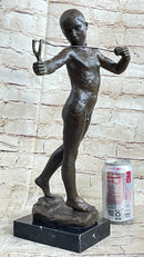Nude Boy Holding Slingshot Hot Cast Bronze Sculpture Statue Figure on Marble Base