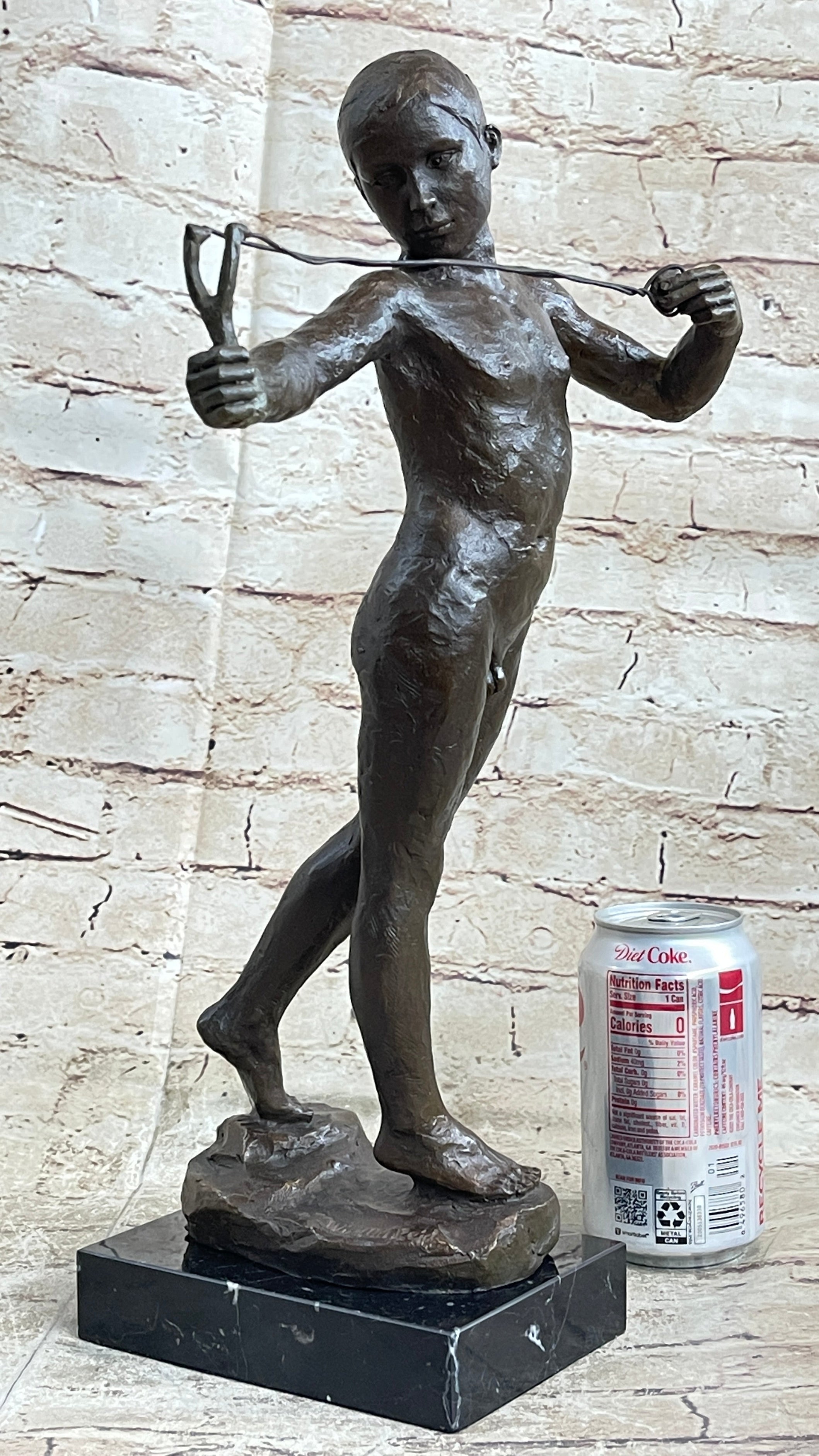 Nude Boy Holding Slingshot Hot Cast Bronze Sculpture Statue Figure on Marble Base