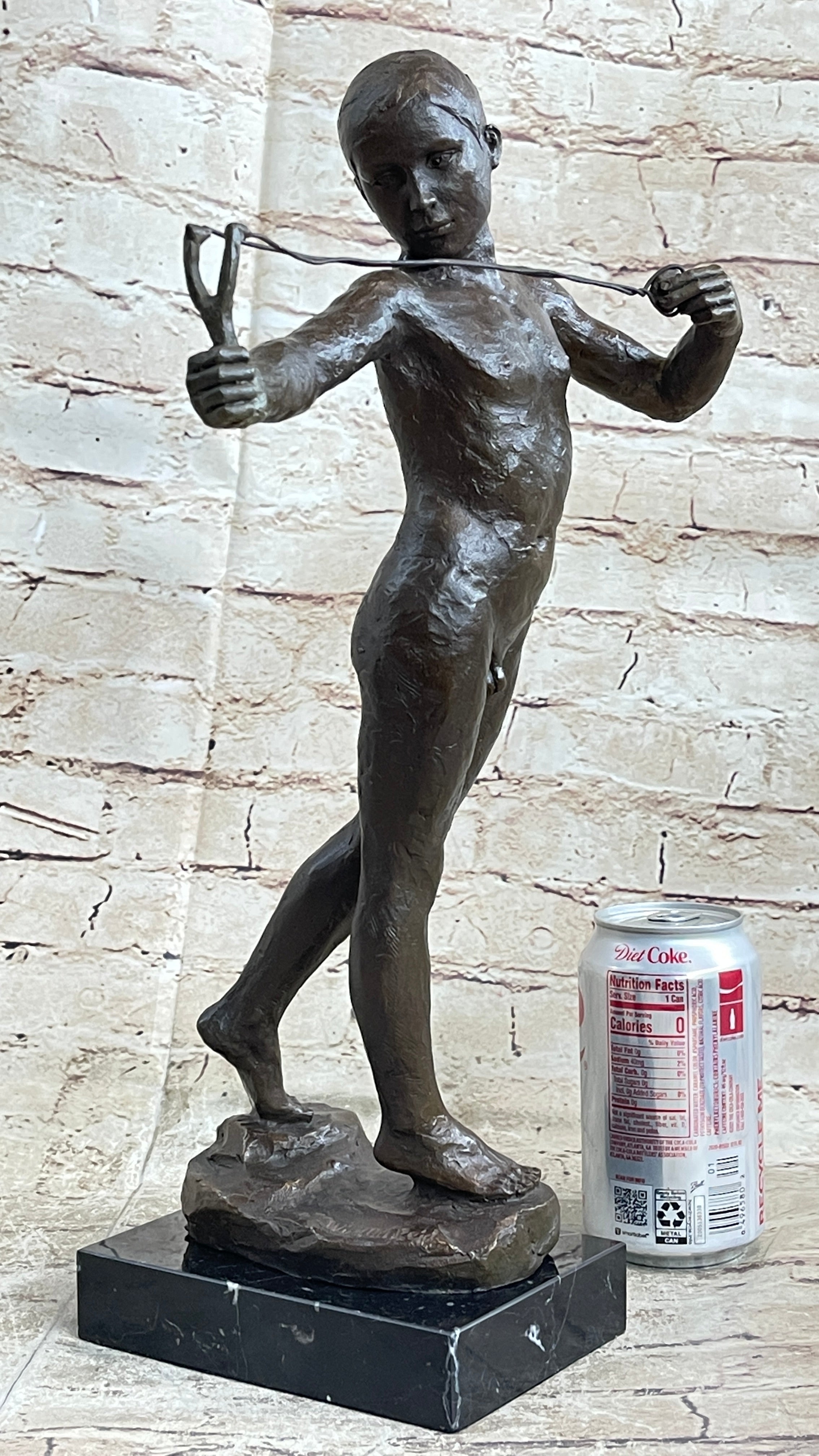 Nude Boy Holding Slingshot Hot Cast Bronze Sculpture Statue Figure on Marble Base