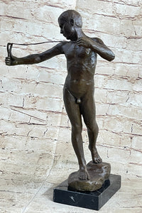 Nude Boy Holding Slingshot Hot Cast Bronze Sculpture Statue Figure on Marble Base