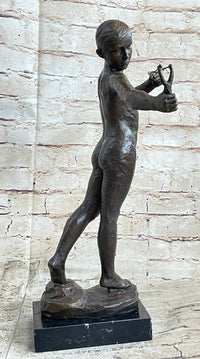 Nude Boy Holding Slingshot Hot Cast Bronze Sculpture Statue Figure on Marble Base