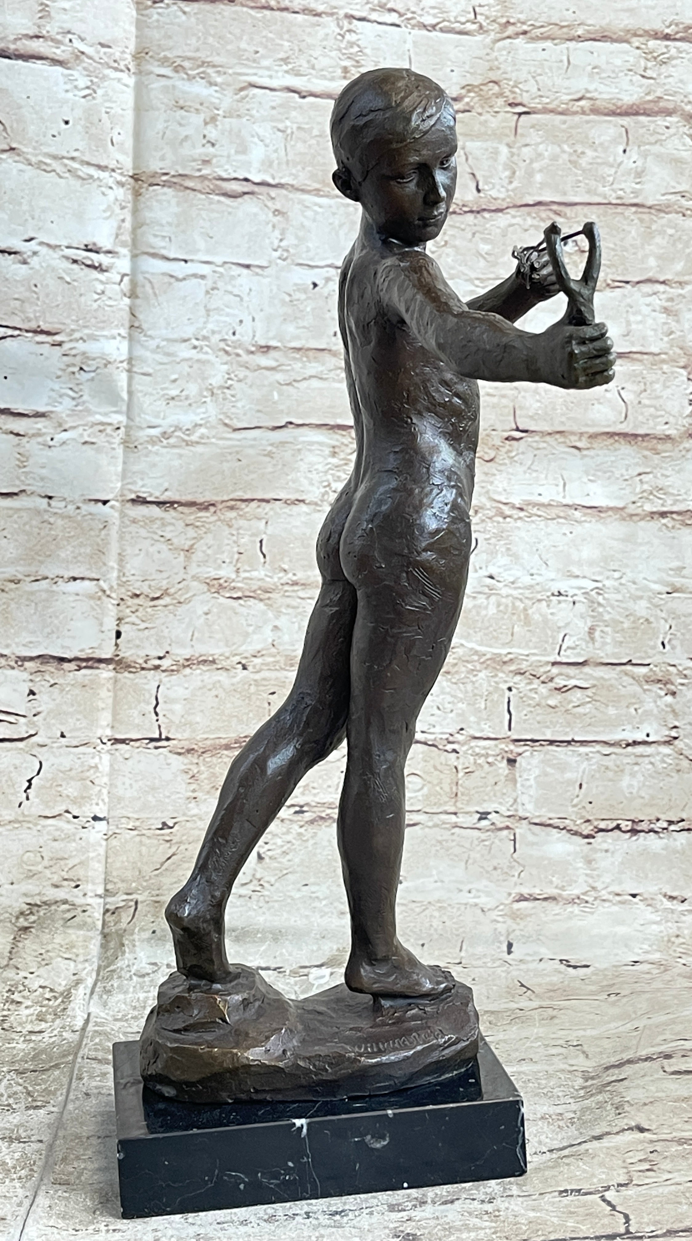 Nude Boy Holding Slingshot Hot Cast Bronze Sculpture Statue Figure on Marble Base