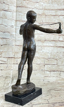 Nude Boy Holding Slingshot Hot Cast Bronze Sculpture Statue Figure on Marble Base