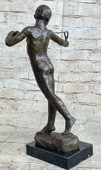Nude Boy Holding Slingshot Hot Cast Bronze Sculpture Statue Figure on Marble Base