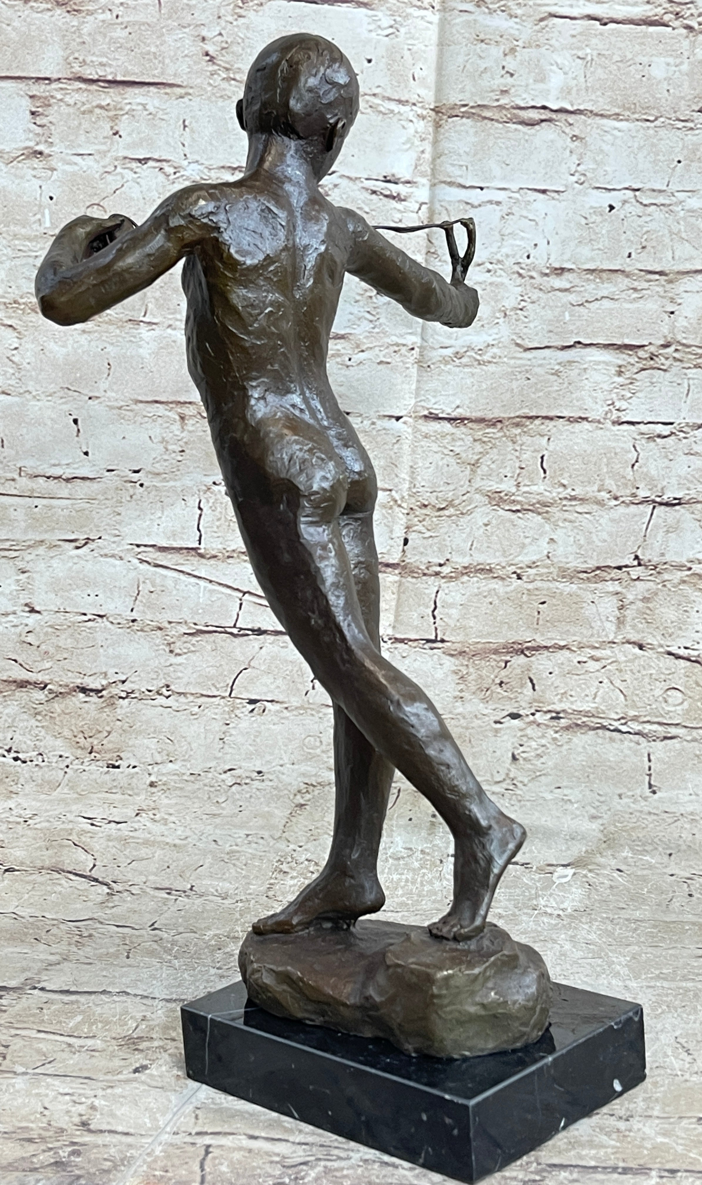 Nude Boy Holding Slingshot Hot Cast Bronze Sculpture Statue Figure on Marble Base
