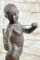 Nude Boy Holding Slingshot Hot Cast Bronze Sculpture Statue Figure on Marble Base