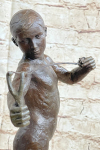 Nude Boy Holding Slingshot Hot Cast Bronze Sculpture Statue Figure on Marble Base