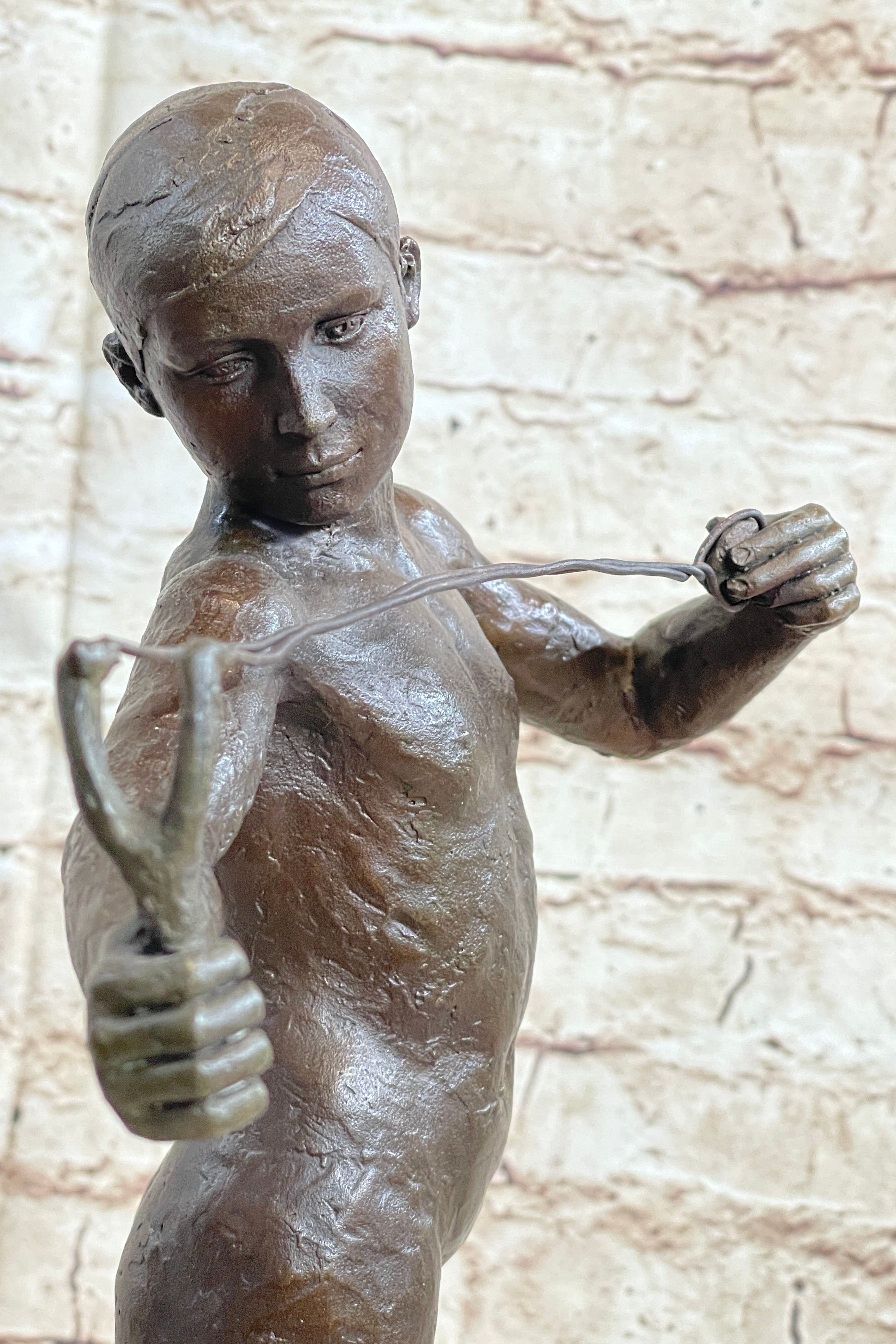 Nude Boy Holding Slingshot Hot Cast Bronze Sculpture Statue Figure on Marble Base