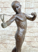 Nude Boy Holding Slingshot Hot Cast Bronze Sculpture Statue Figure on Marble Base