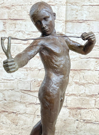 Nude Boy Holding Slingshot Hot Cast Bronze Sculpture Statue Figure on Marble Base