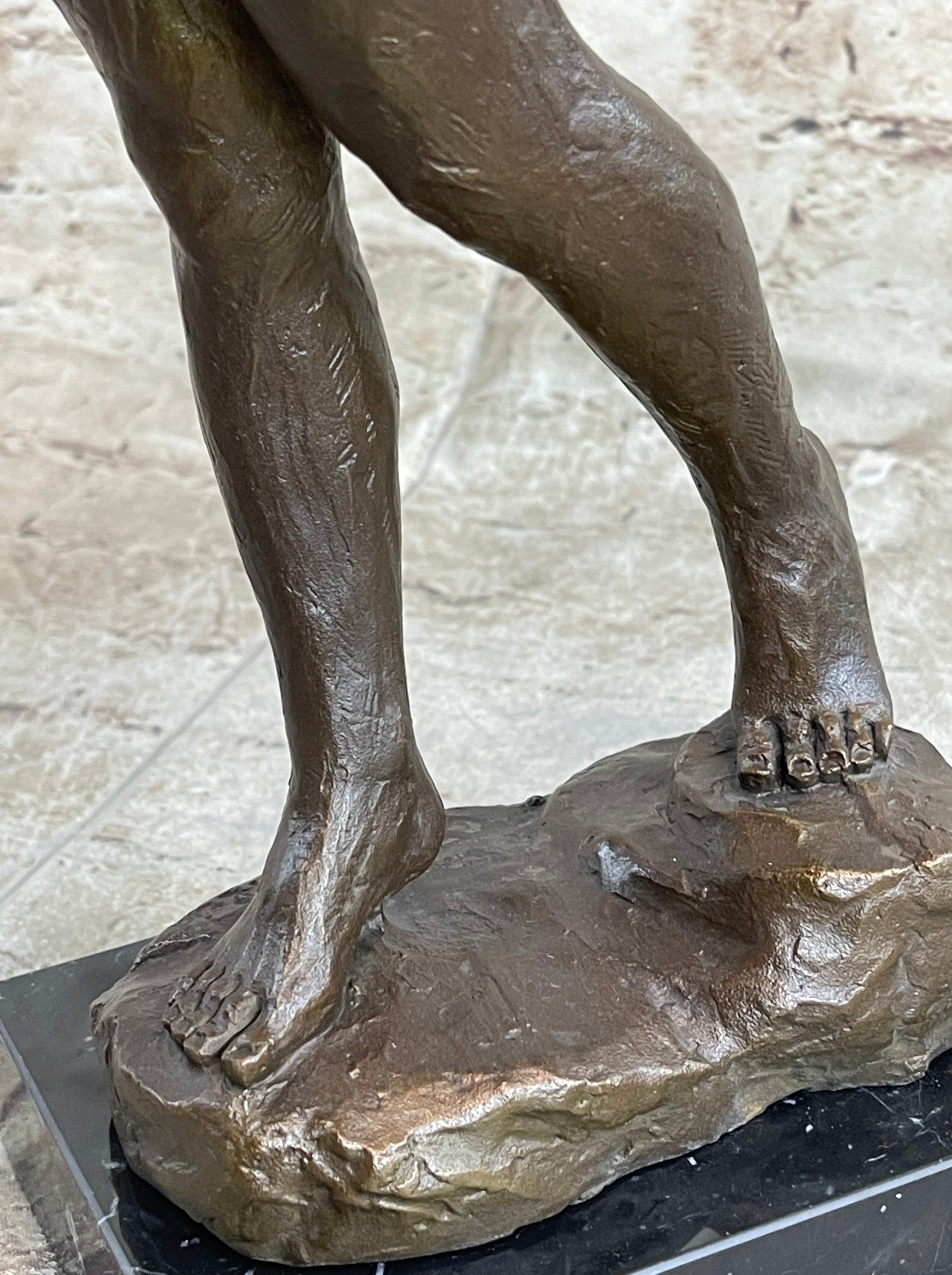 Nude Boy Holding Slingshot Hot Cast Bronze Sculpture Statue Figure on Marble Base