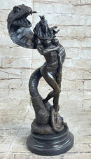 Muscular Busty Woman Egyptian Headdress Cobra Snake Bronze Sculpture