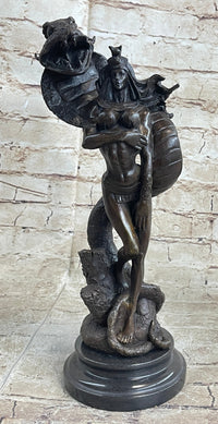 Muscular Busty Woman Egyptian Headdress Cobra Snake Bronze Sculpture
