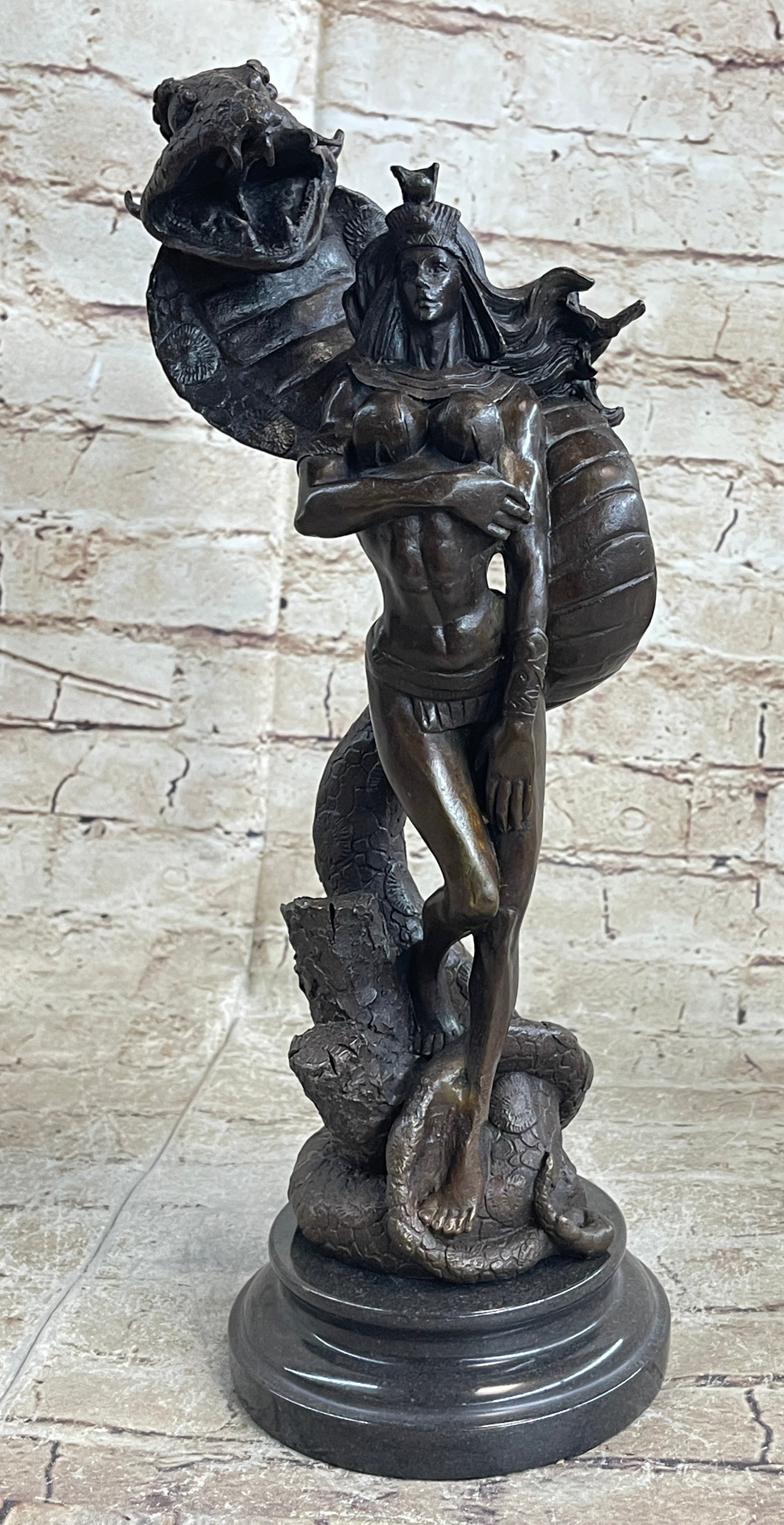 Muscular Busty Woman Egyptian Headdress Cobra Snake Bronze Sculpture