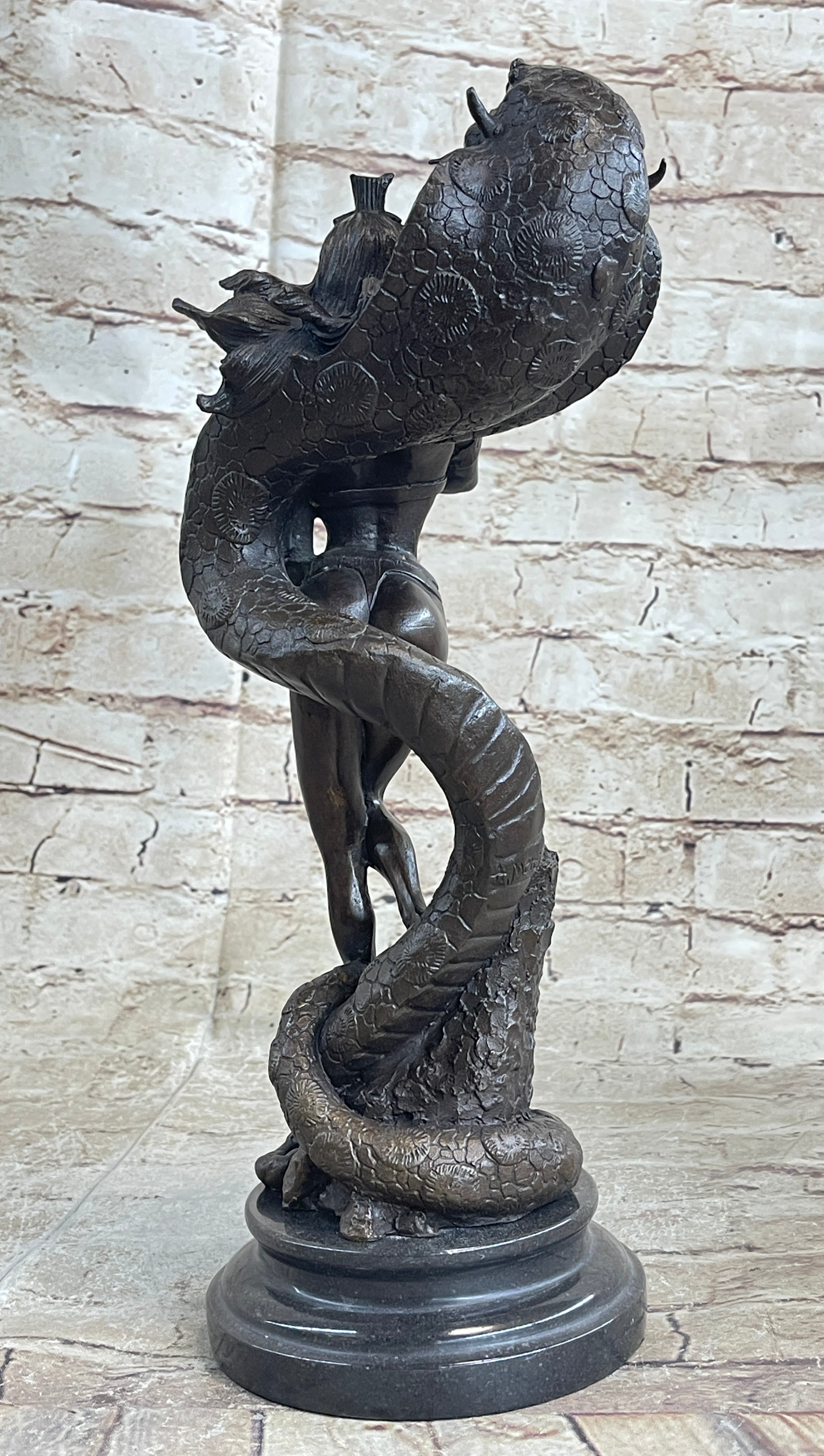 Muscular Busty Woman Egyptian Headdress Cobra Snake Bronze Sculpture