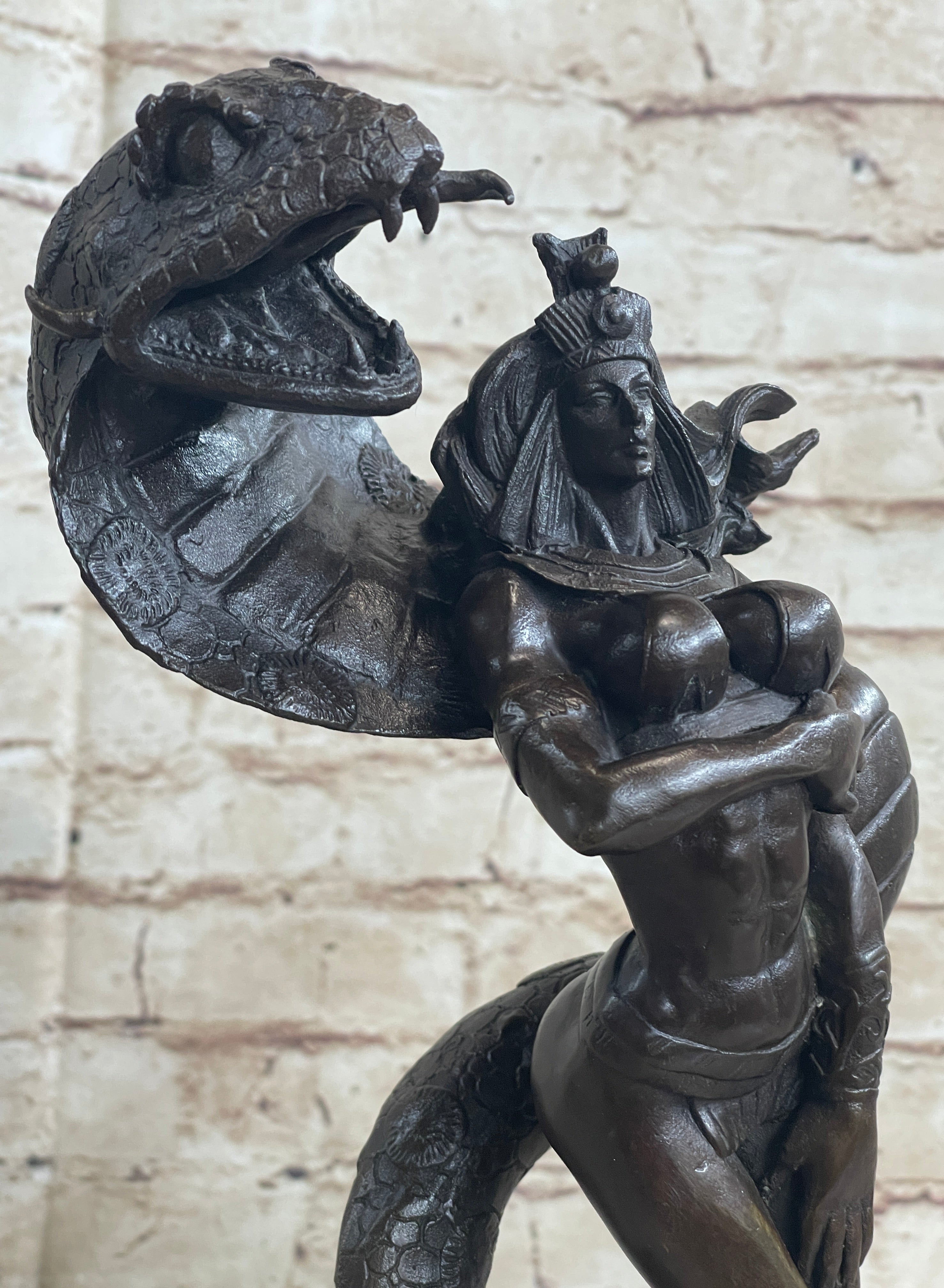 Muscular Busty Woman Egyptian Headdress Cobra Snake Bronze Sculpture
