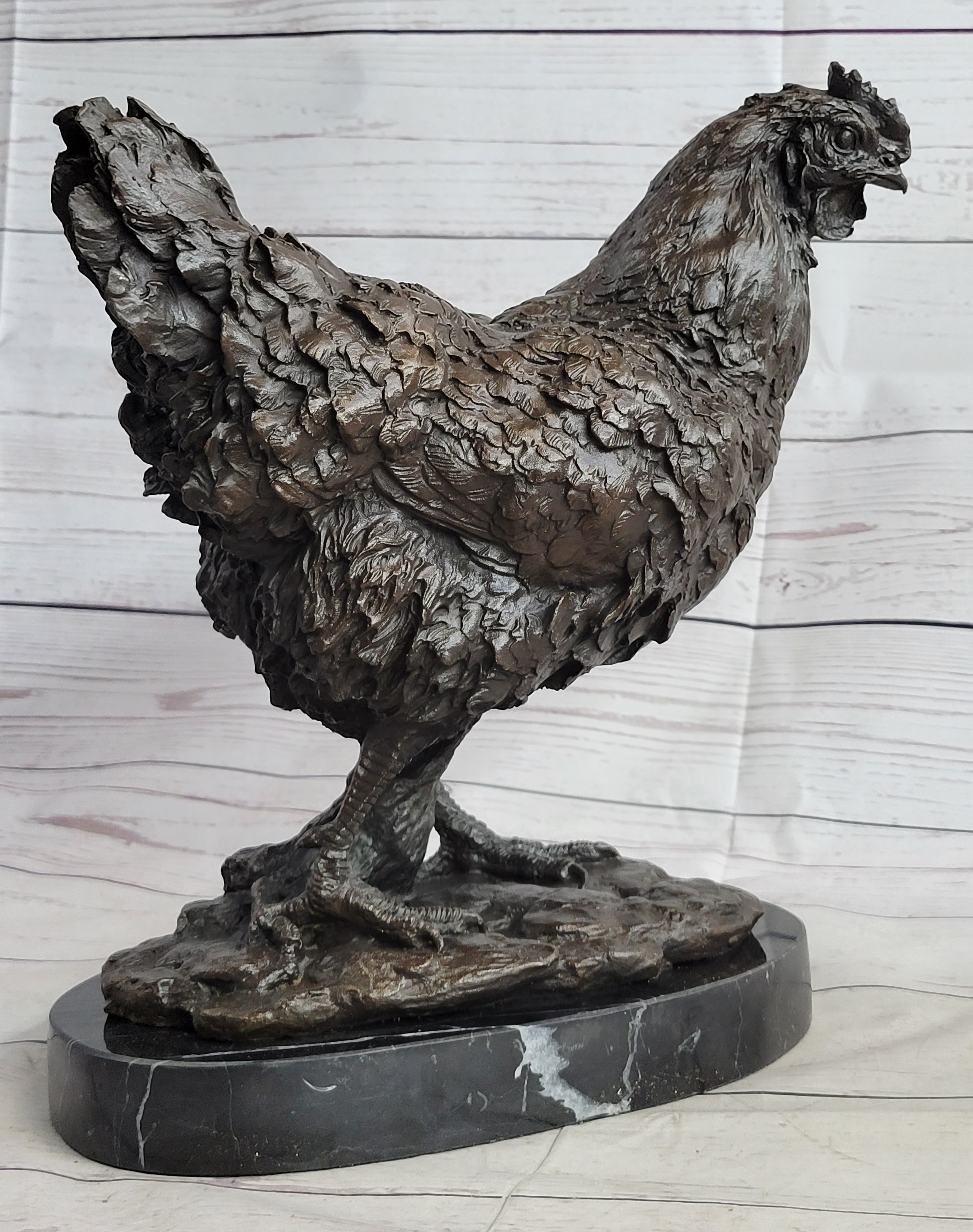 Bronze Sculpture Large Chicken Rooster Farm Animal Marble