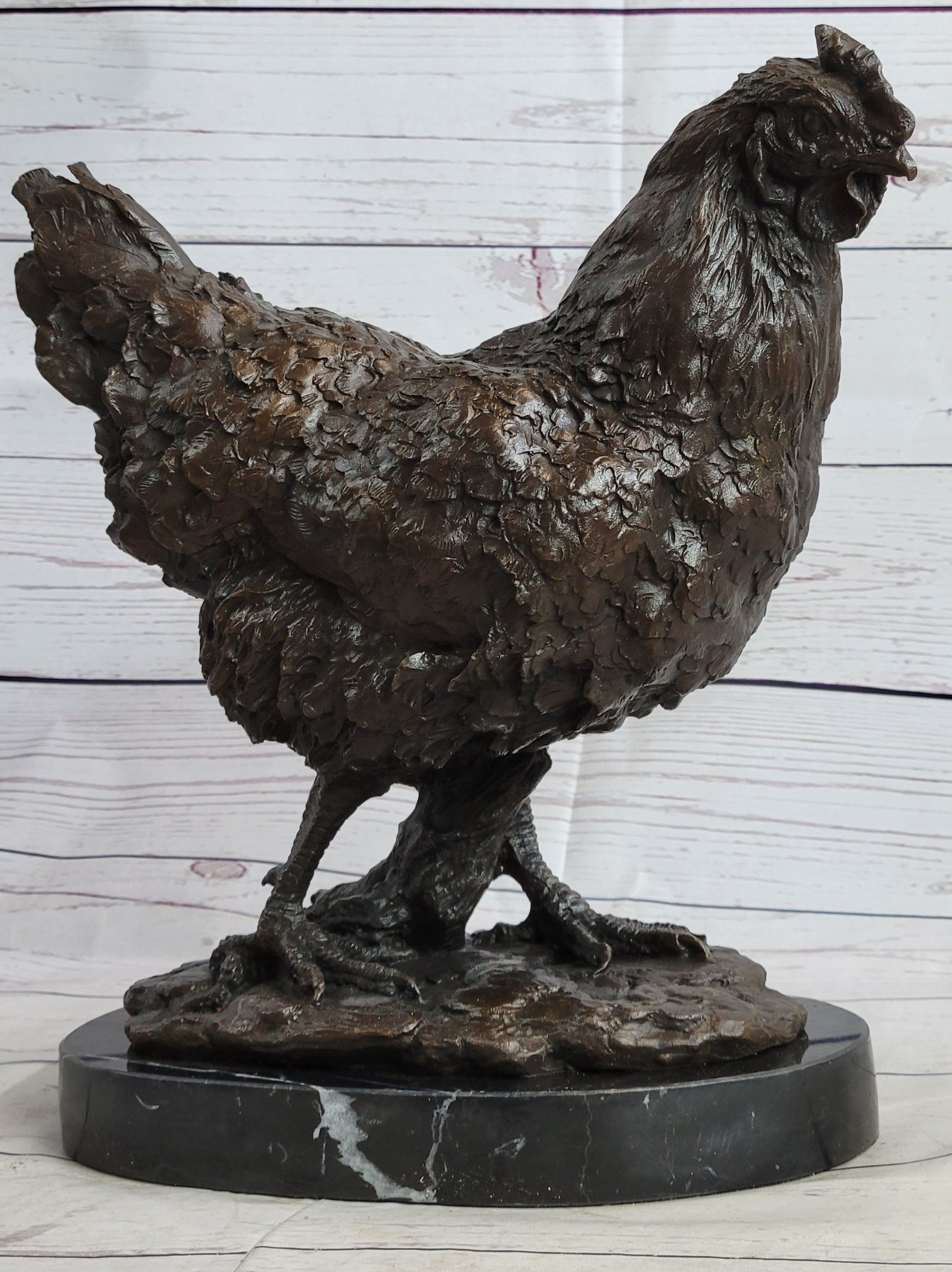 Bronze Sculpture Large Chicken Rooster Farm Animal Marble
