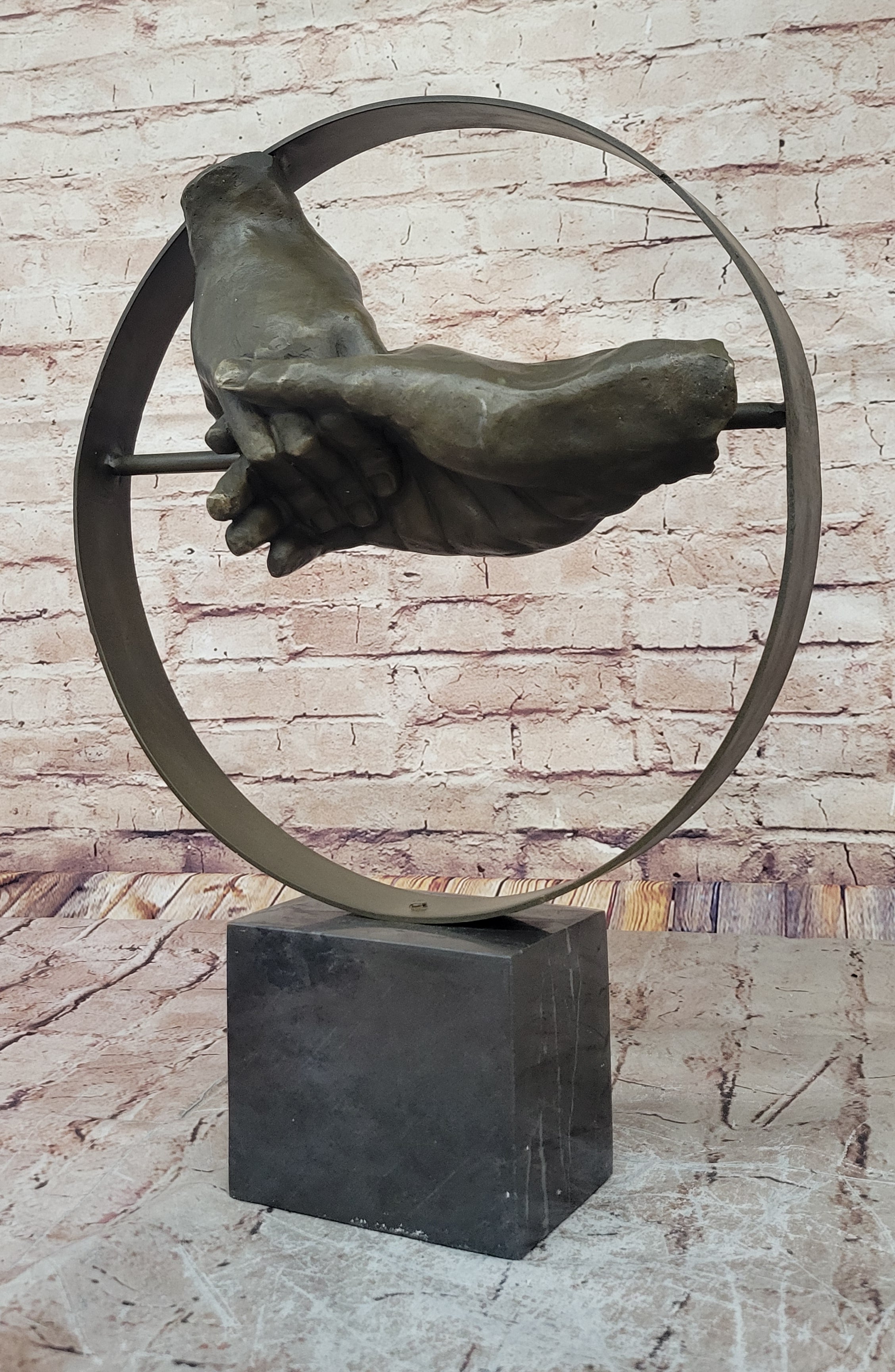 Abstract Surrealist Handshake Bronze Sculpture Marble Base