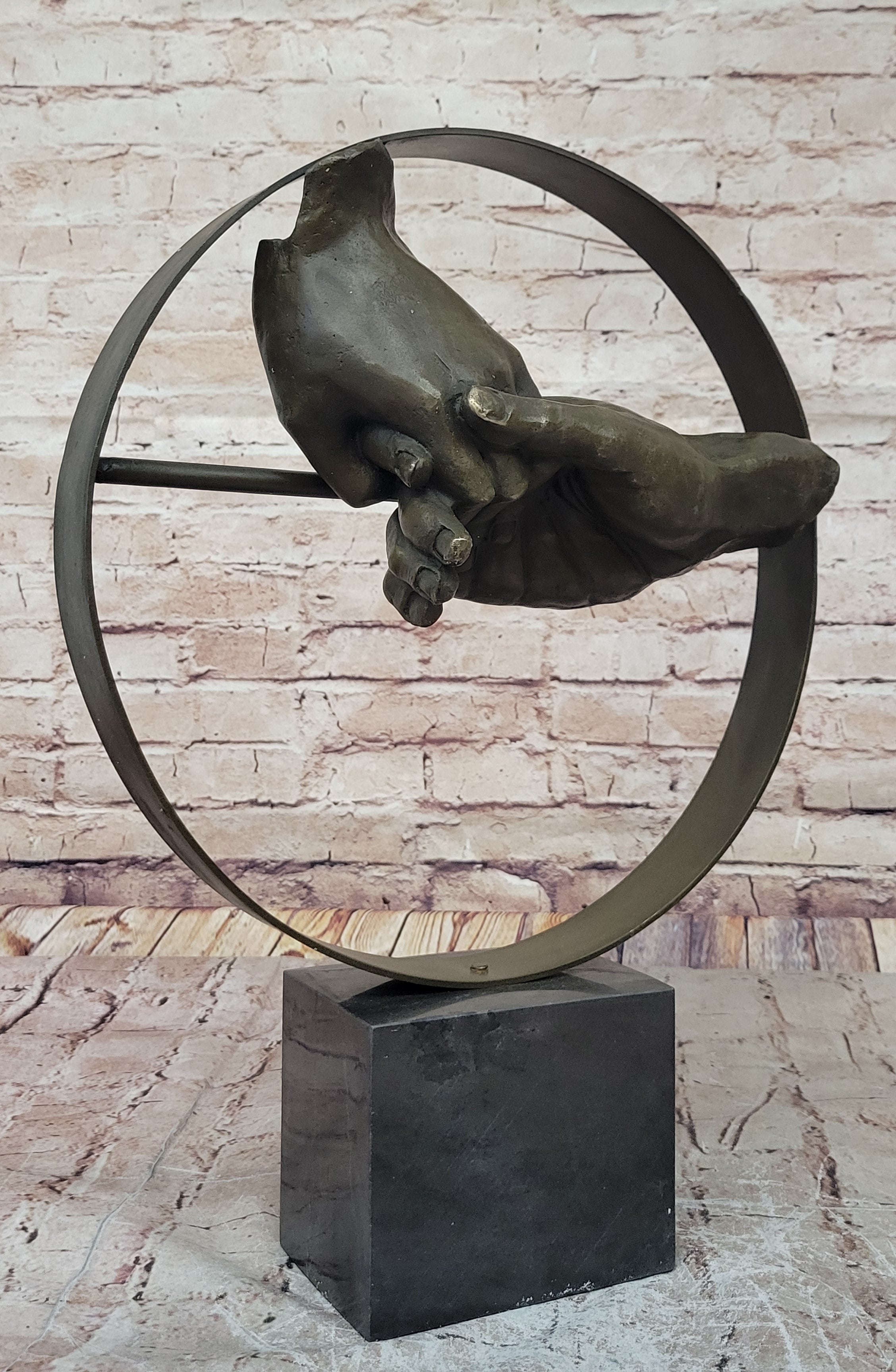 Abstract Surrealist Handshake Bronze Sculpture Marble Base