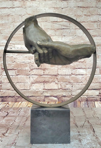 Abstract Surrealist Handshake Bronze Sculpture Marble Base