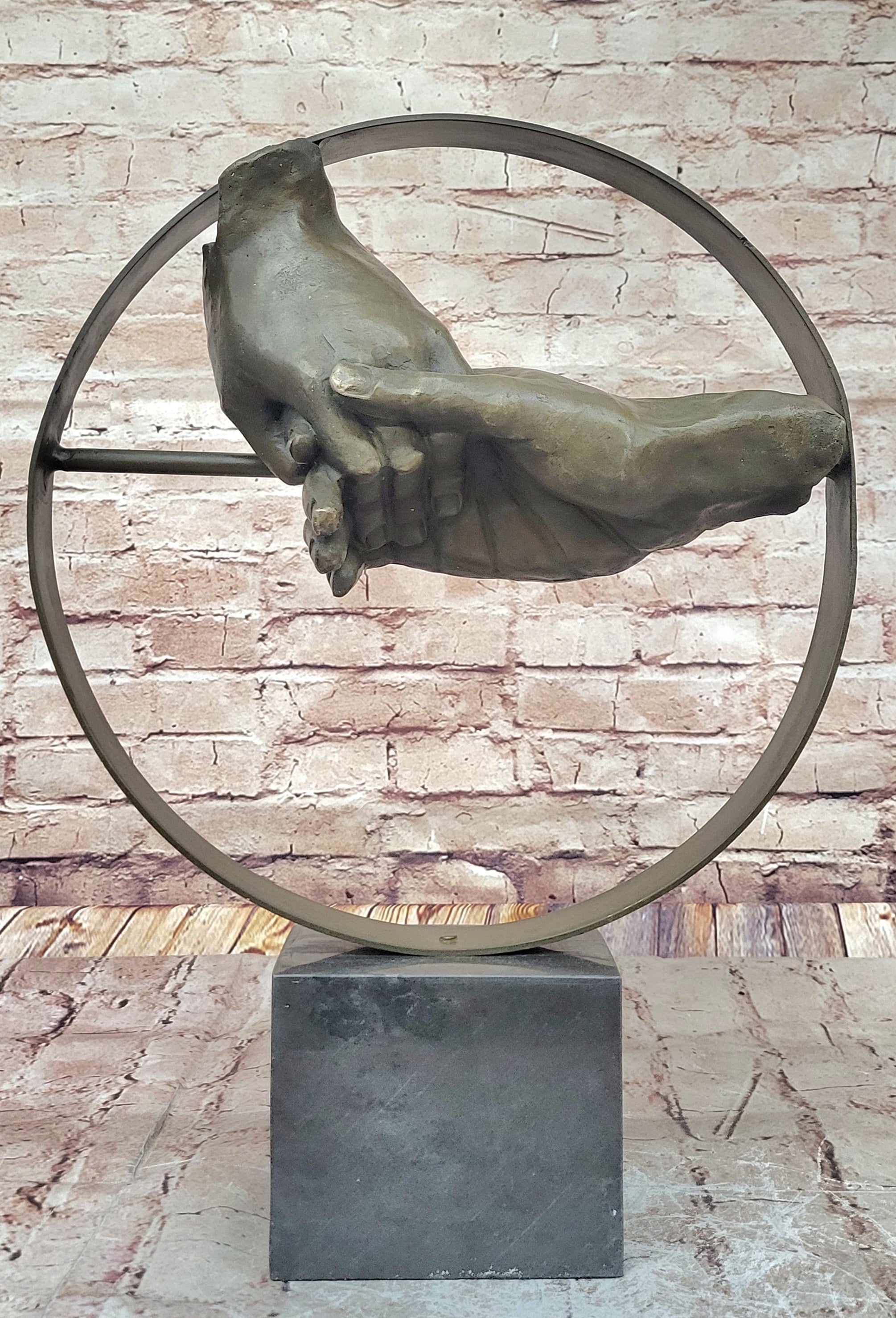 Abstract Surrealist Handshake Bronze Sculpture Marble Base