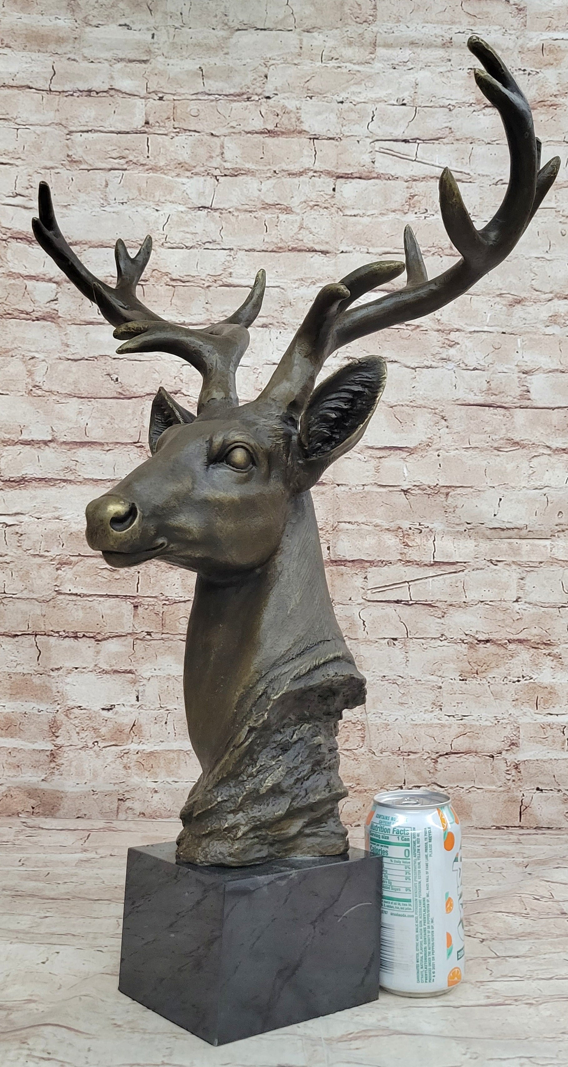 Stag Buck Deer Elk Head Bust Bronze Sculpture on Marble Base
