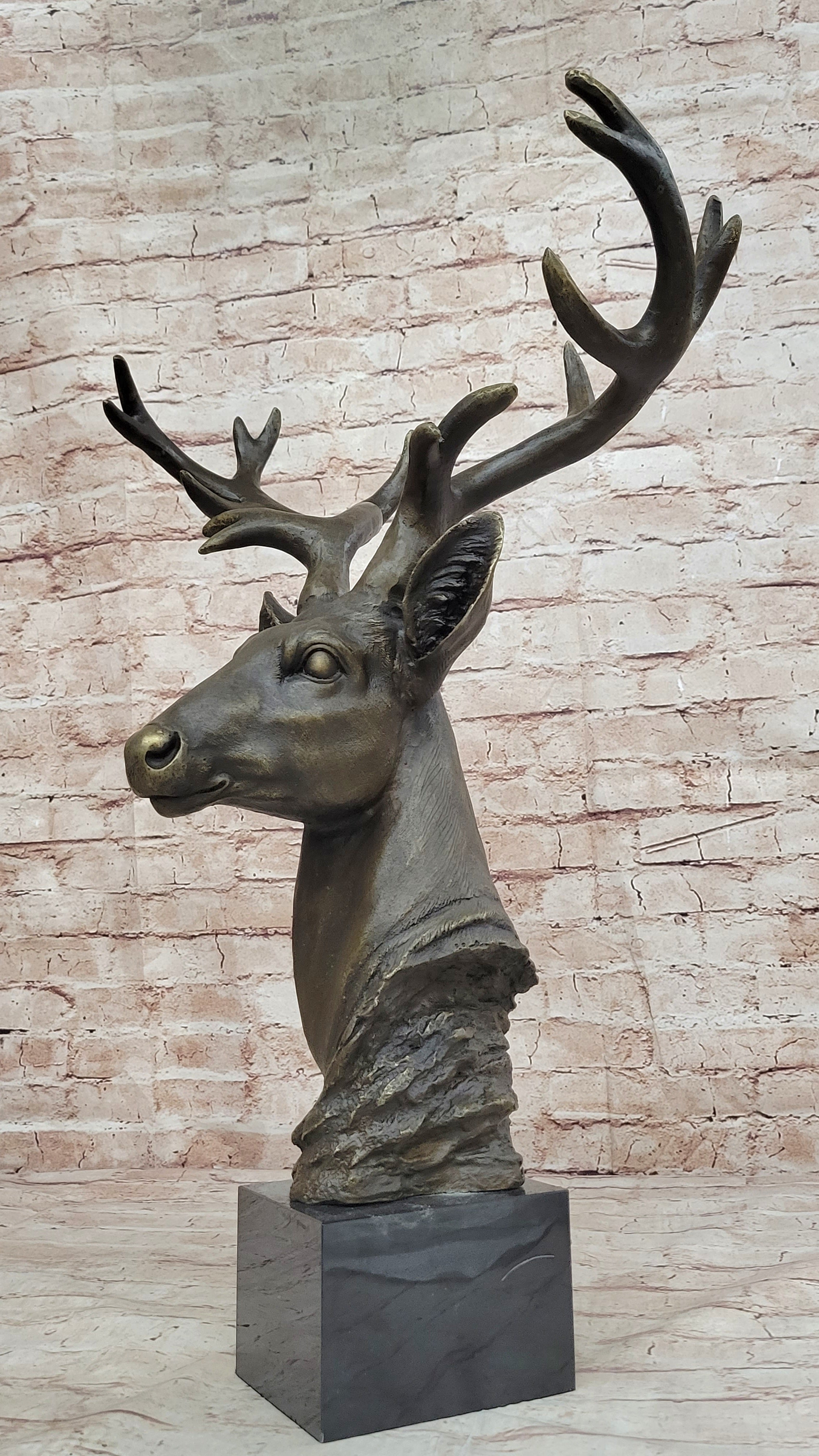 Stag Buck Deer Elk Head Bust Bronze Sculpture on Marble Base