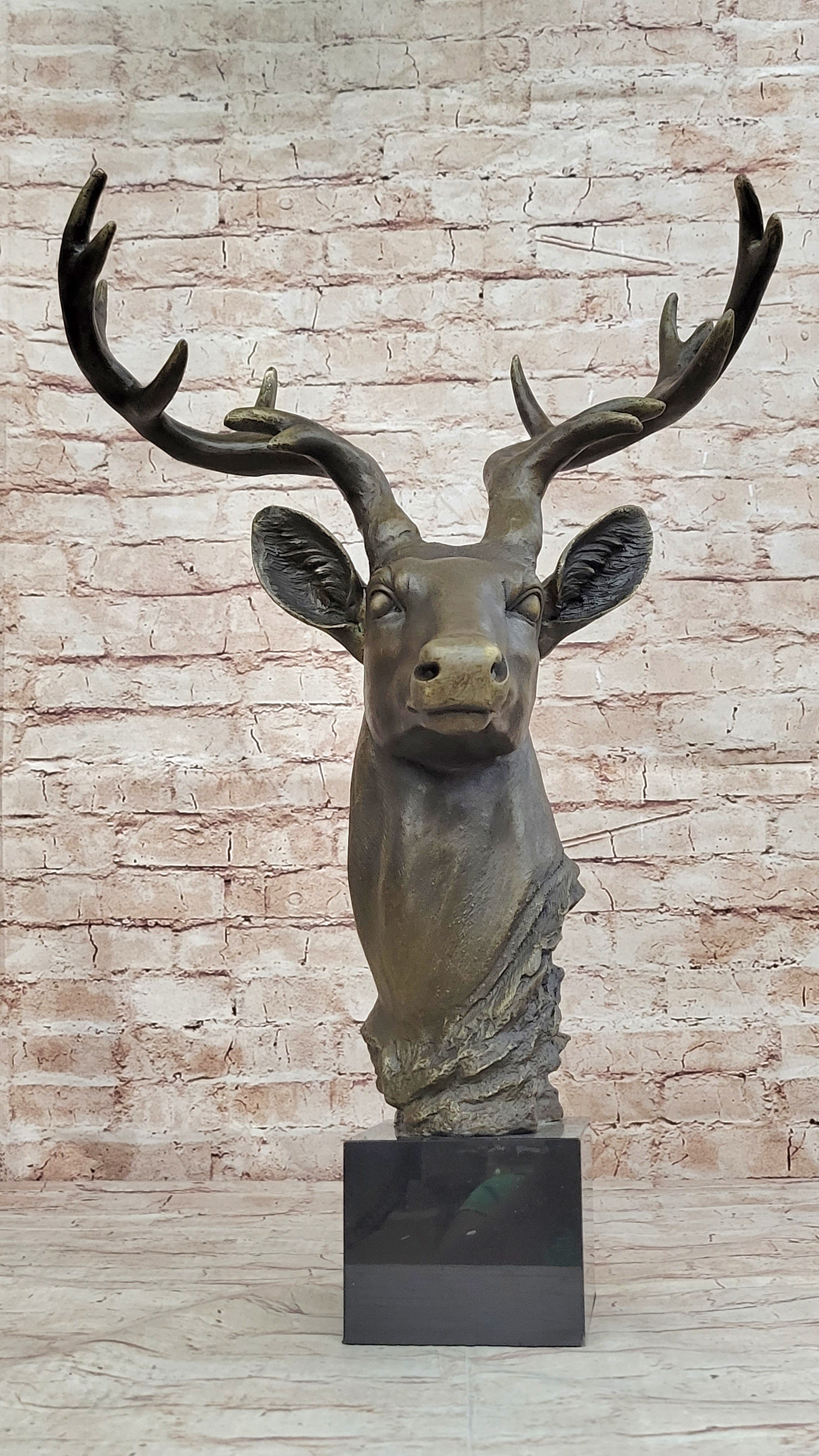Stag Buck Deer Elk Head Bust Bronze Sculpture on Marble Base