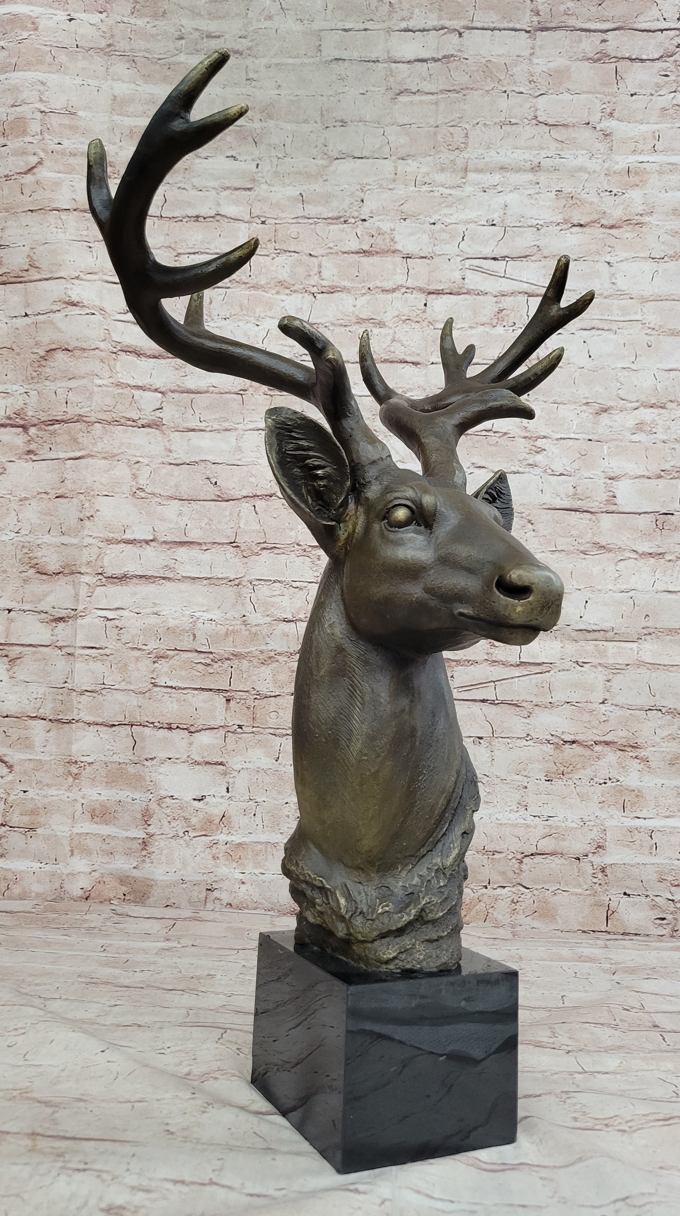 Stag Buck Deer Elk Head Bust Bronze Sculpture on Marble Base