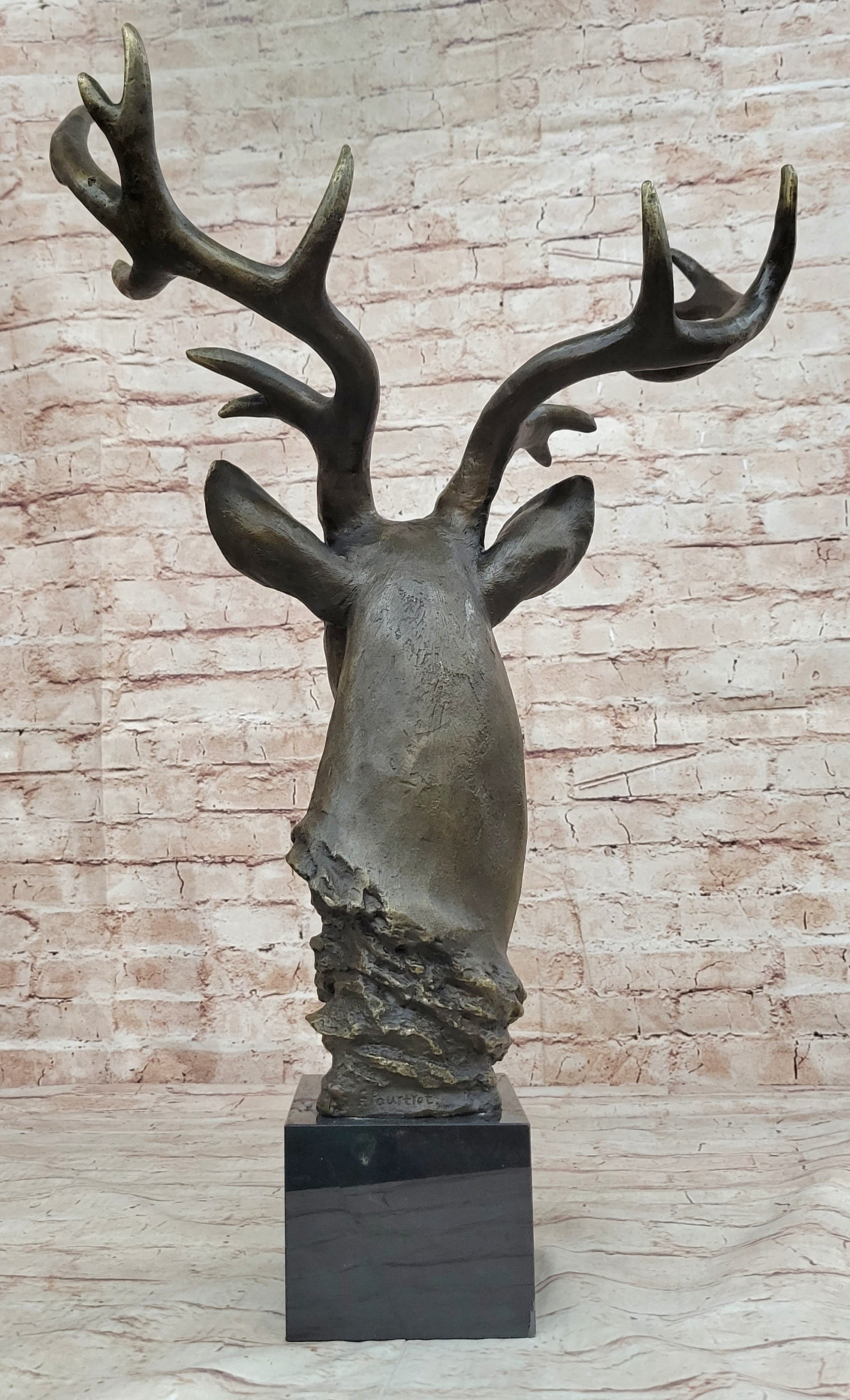 Stag Buck Deer Elk Head Bust Bronze Sculpture on Marble Base