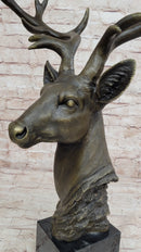 Stag Buck Deer Elk Head Bust Bronze Sculpture on Marble Base