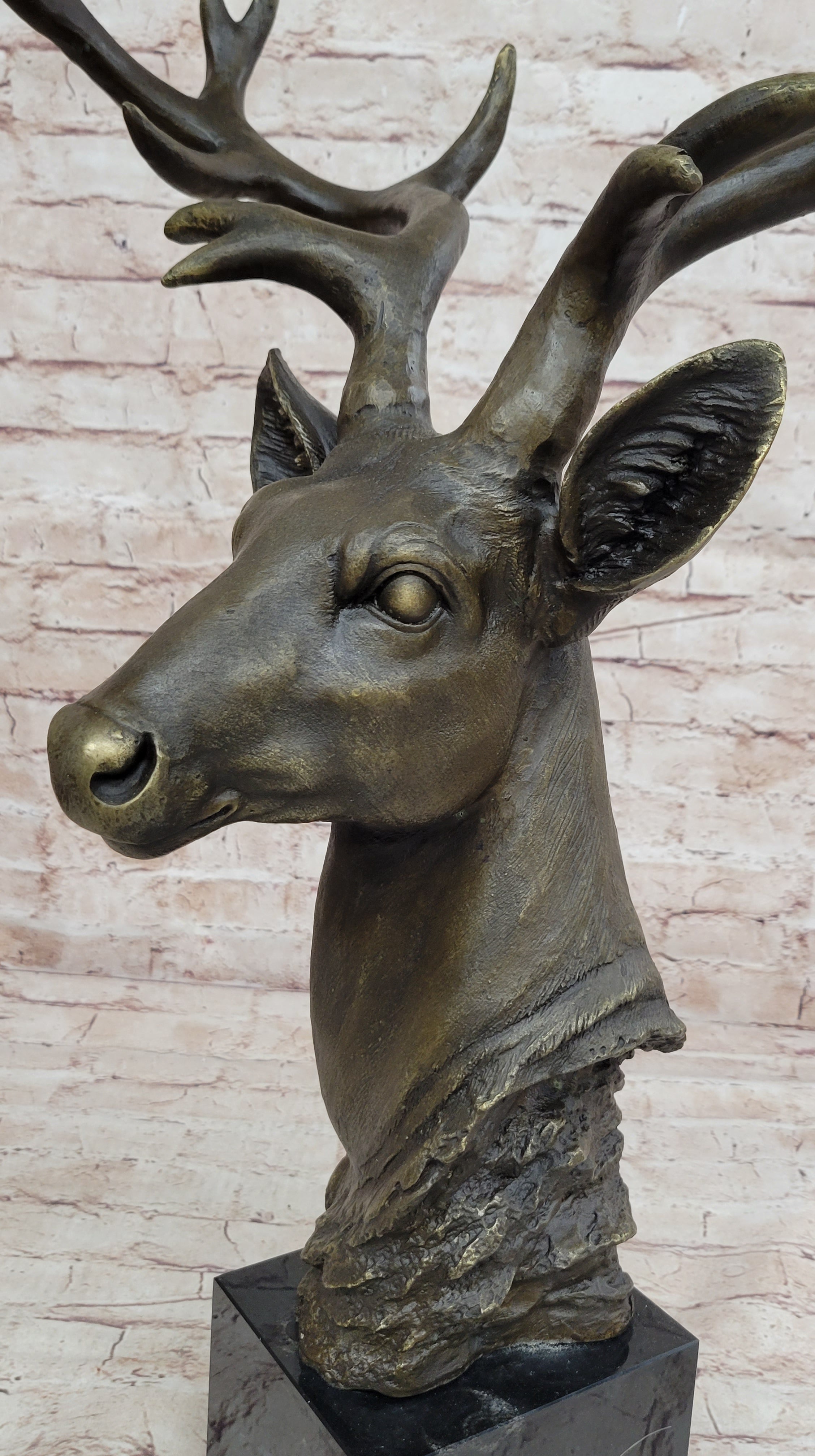 Stag Buck Deer Elk Head Bust Bronze Sculpture on Marble Base