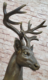 Stag Buck Deer Elk Head Bust Bronze Sculpture on Marble Base
