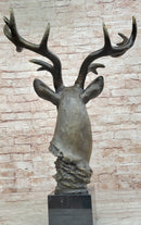 Stag Buck Deer Elk Head Bust Bronze Sculpture on Marble Base