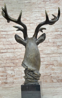 Stag Buck Deer Elk Head Bust Bronze Sculpture on Marble Base