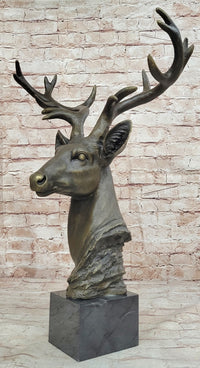 Stag Buck Deer Elk Head Bust Bronze Sculpture on Marble Base
