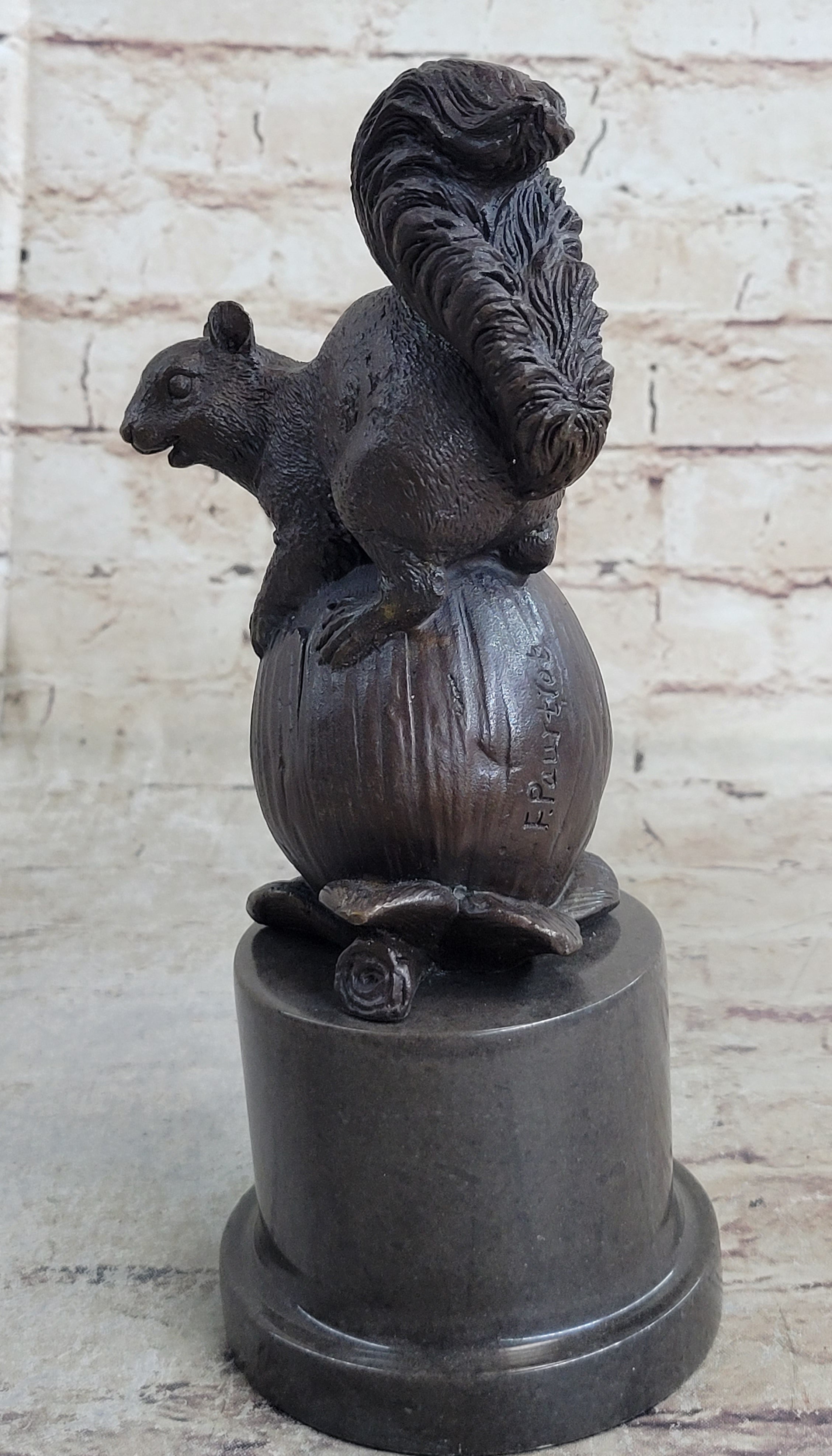 Squirrel on Acorn Bronze Metal Sculpture 9" x 4"