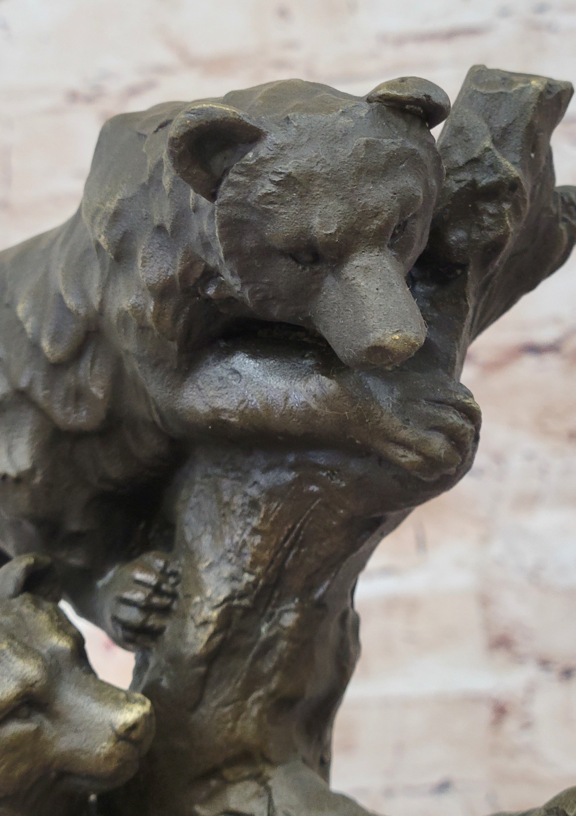 Bear Family Looking for Honey Bronze Sculpture Marble Base