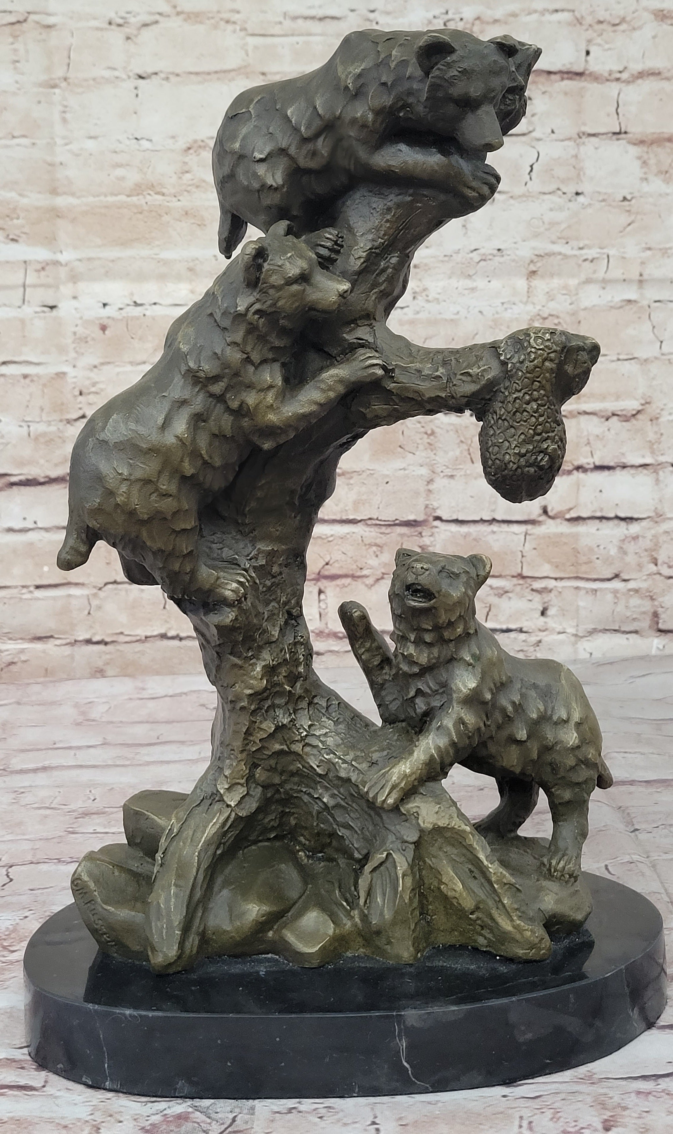 Bear Family Looking for Honey Bronze Sculpture Marble Base