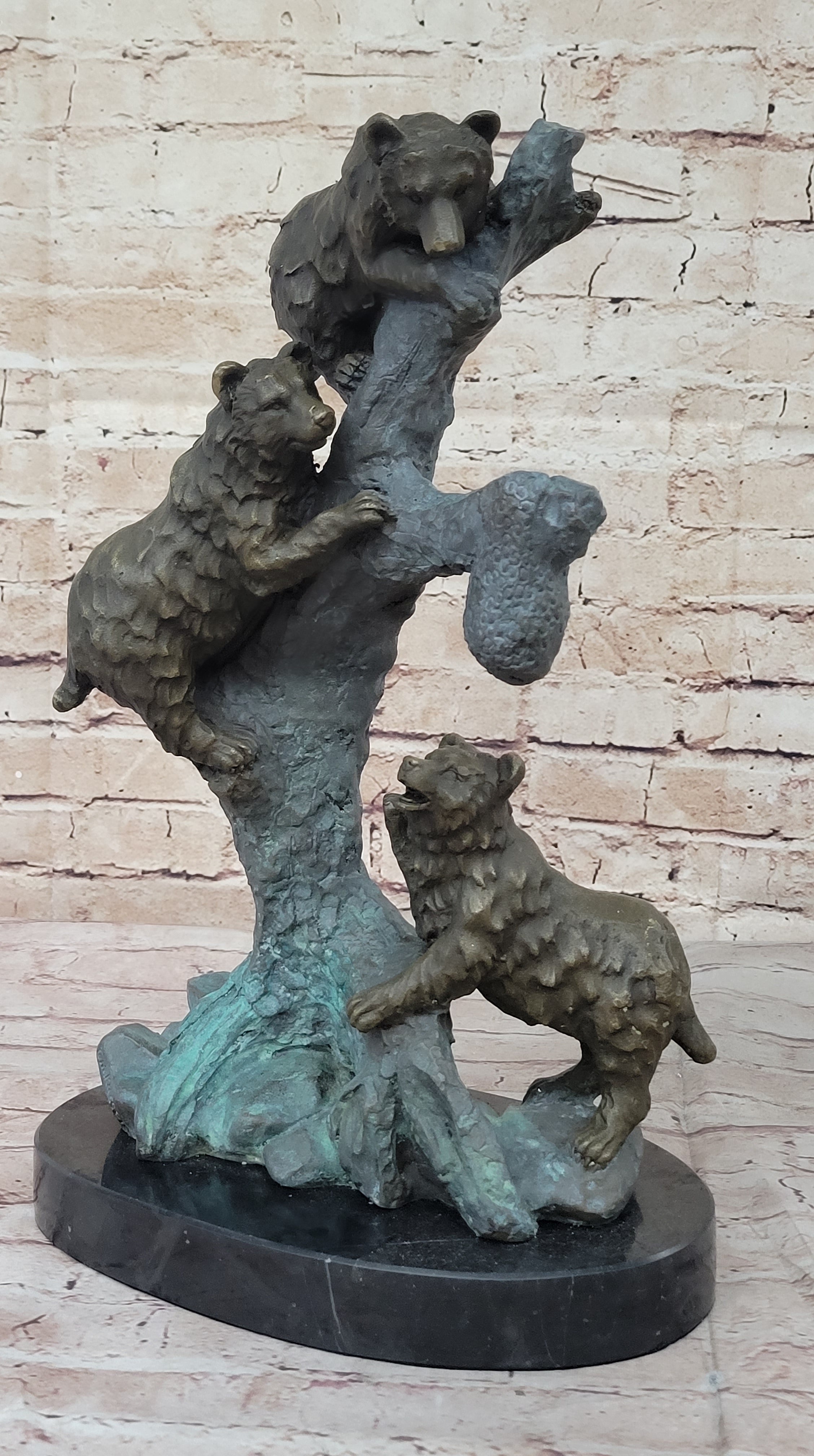 Bear Family Looking for Honey - Bronze Sculpture on Marble Base